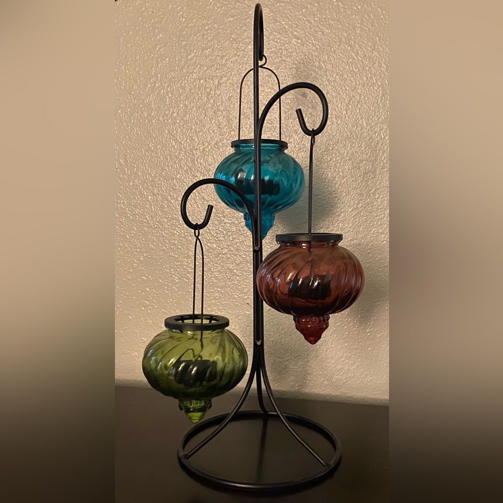 Moroccan Iron & Glass Tea Light Candle Holder Trio | Boho Home Decor - Picture 2 of 6